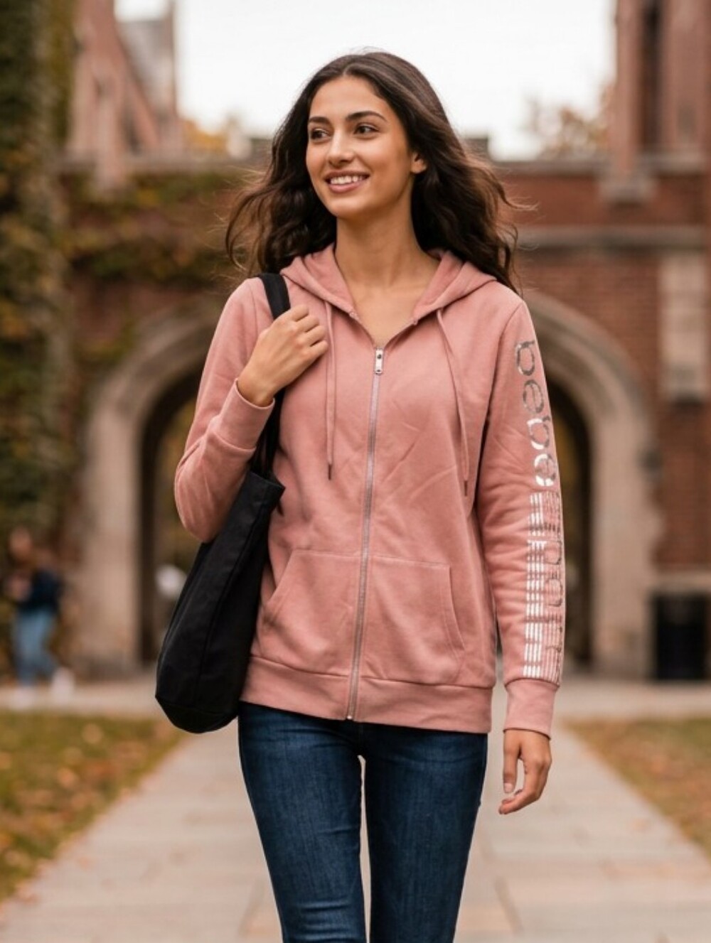 bebe Sport Cotton Blend Fleece Lined Zip Hoodie in Dusty Rose with Sleeve Logo